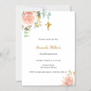 Invitation Magnétique Confirmation eucalyptus rose poudrée fleur fille
