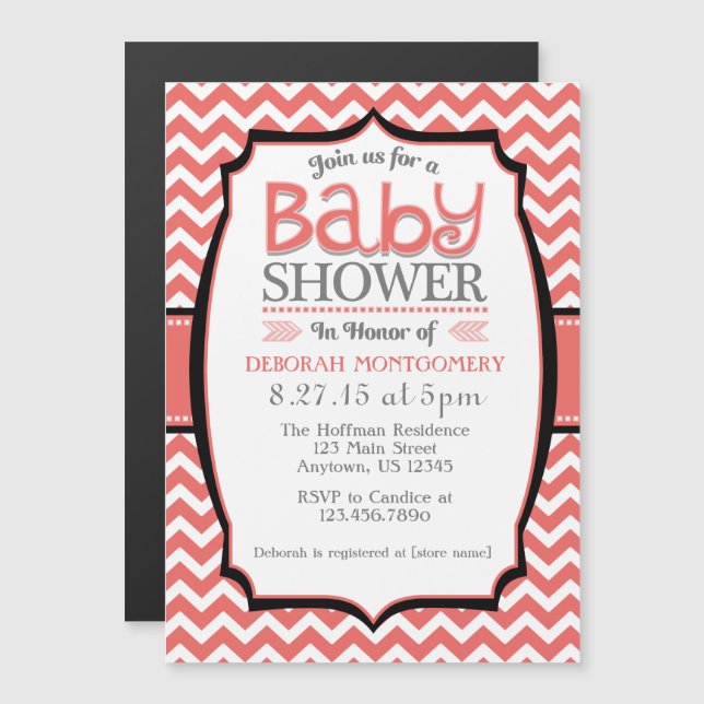 Invitation Magnétique Coral Blanc Chevron Baby shower magnétique Invitat (Devant / Derrière)