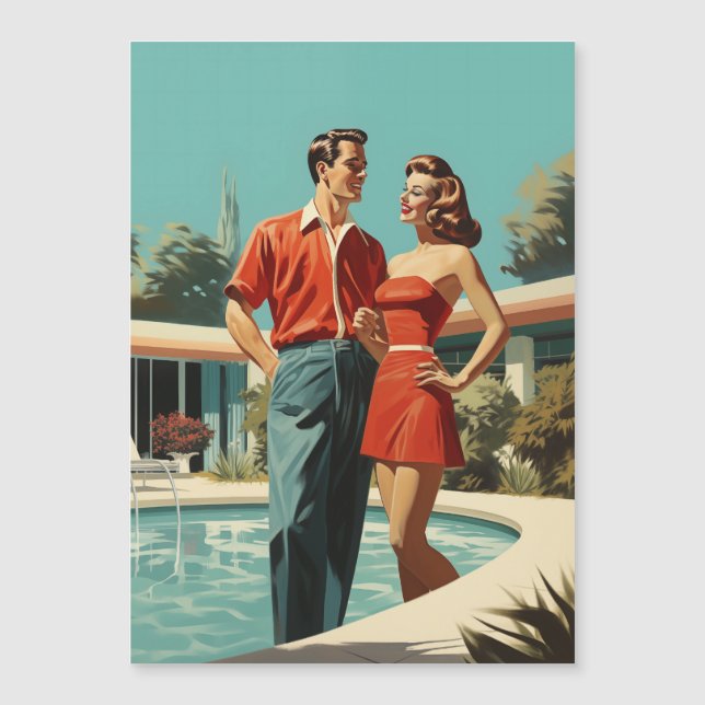 Invitation Magnétique Couple des années 50 au bord de la piscine (Devant)