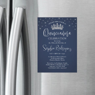 Invitation Magnétique Couronne de Quinceañera Élégantes Étincelles Bleu