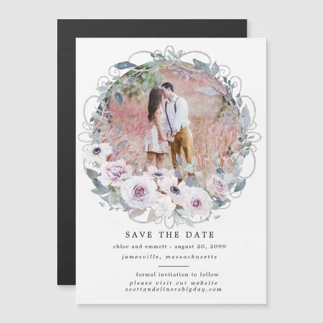 Invitation Magnétique Couronne florale violette Enregistrer la date Cart (Devant / Derrière)