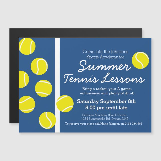 Invitation Magnétique Cours de tennis d'été court bleu et blanc (Devant / Derrière)