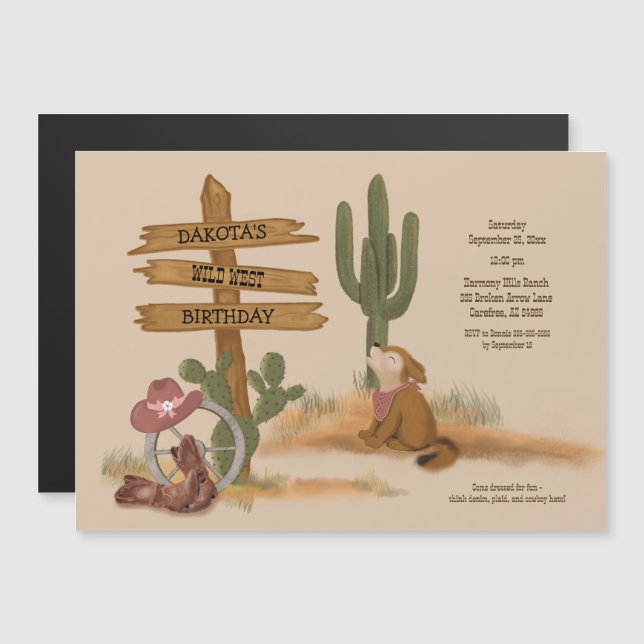 Invitation Magnétique Cowgirl Wild West Rustic Amusant Anniversaire Invi (Devant / Derrière)
