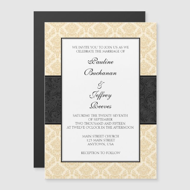 Invitation Magnétique Cream Brown Noir Damas Mariage magnétique Invite (Devant / Derrière)