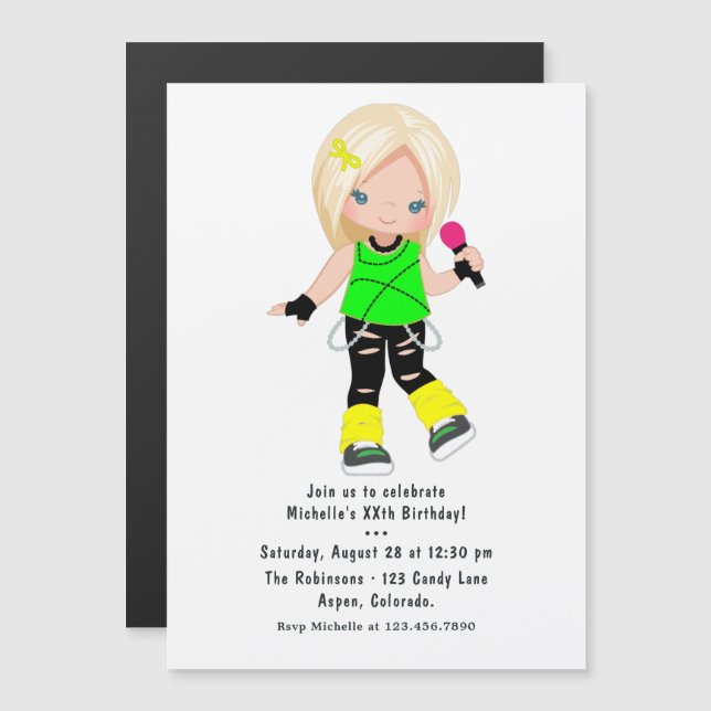 Invitation Magnétique Cute Blonde Girl Rock Star Anniversaire (Devant / Derrière)