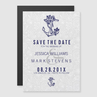Invitation Magnétique Damas blancs et bleu Ancre florale marine