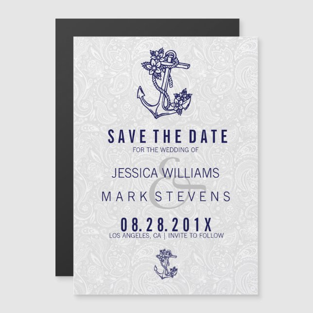 Invitation Magnétique Damas blancs et bleu Ancre florale marine (Devant / Derrière)