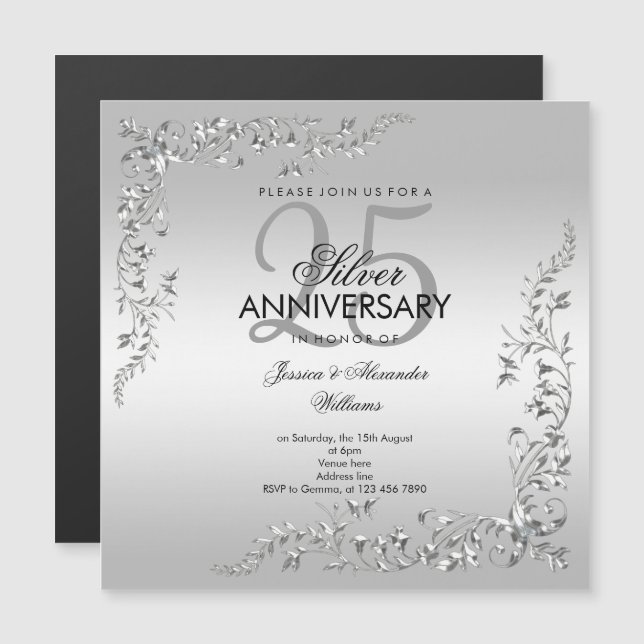 Invitation Magnétique Décoration argentée élégante pour 25e anniversaire (Devant / Derrière)