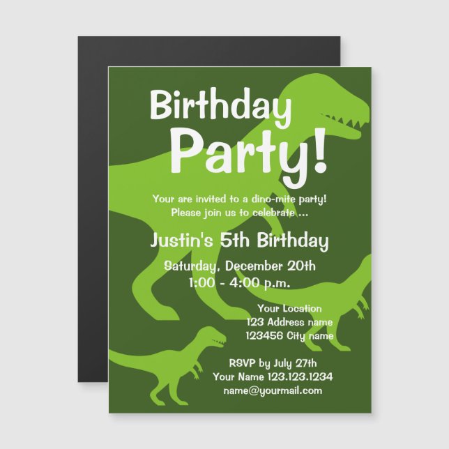 Invitation Magnétique Dinosaure pour enfants thème Anniversaire de la fê (Devant / Derrière)