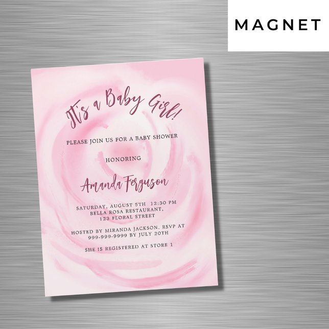 Invitation Magnétique Douce baby shower luxueuse rose fleurs pour fille (Créateur téléchargé)