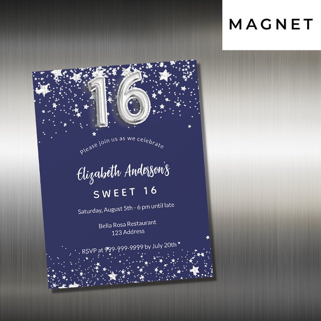 Invitation Magnétique doux 16 marine bleu argent étoiles luxe (Créateur téléchargé)