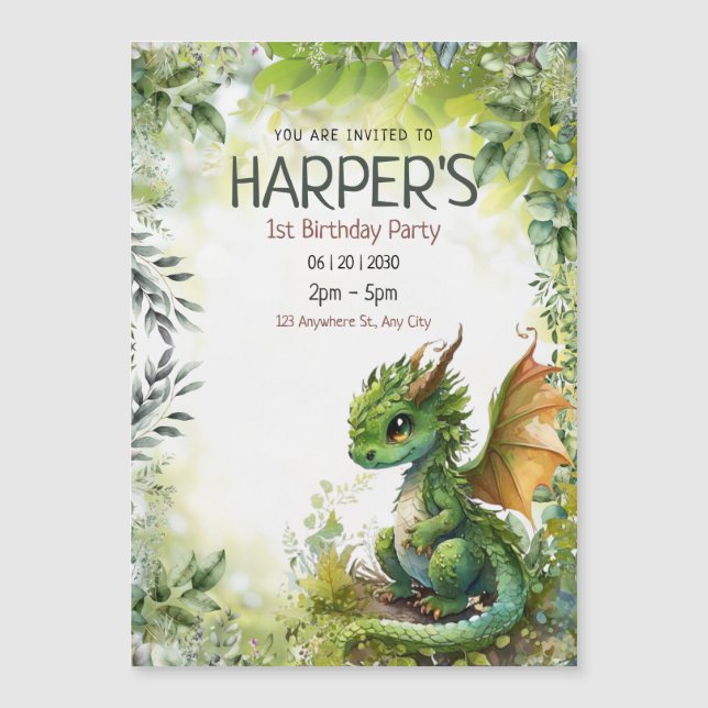 Invitation Magnétique Dragon modifiable 1er anniversaire de fête Invitat (Devant)
