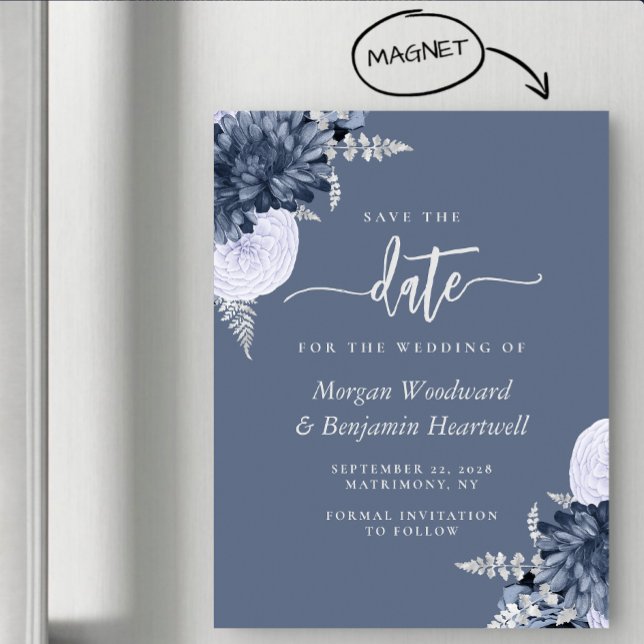 Invitation Magnétique Dusty Blue Silver Floral Wedding Save the Date (Créateur téléchargé)