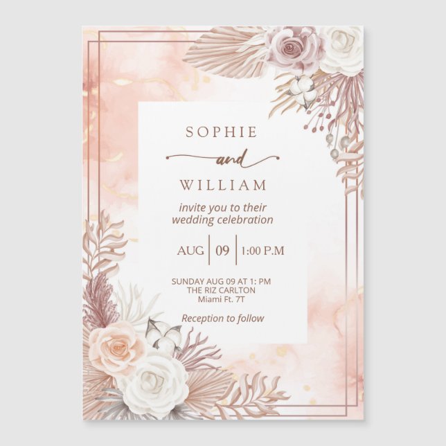 Invitation Magnétique Dusty Boho Lignt rose roses mariage (Devant)