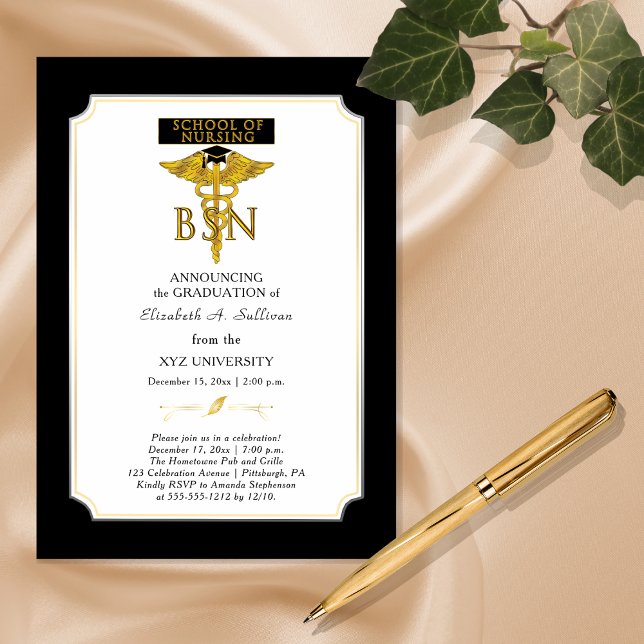 Invitation Magnétique École de soins infirmiers BSN Graduation Invitatio (Elegant "BSN" Nursing Degree College Graduation Invitation -- Print and/or Download)