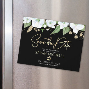 Invitation Magnétique Écriture de Bat Mitzvah Black Gold Floral Save the