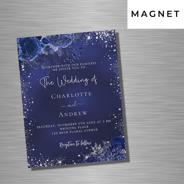 Invitation Magnétique Écriture de fleurs bleu marine argent mariage de l (Créateur téléchargé)