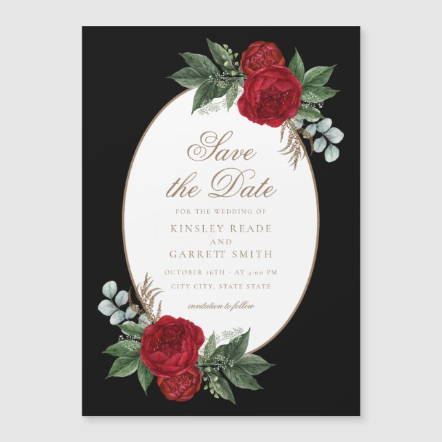 Invitation Magnétique Élégant Black & Gold Red Floral Enregistrer La Dat (Devant)