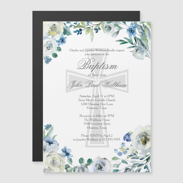 Invitation Magnétique Élégant bleu floral croisé religieux Baptême (Devant / Derrière)