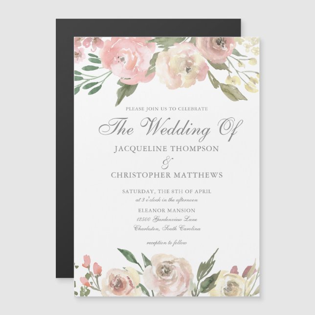 Invitation Magnétique Elégant Blush rose ivoire floral de printemps mari (Devant / Derrière)