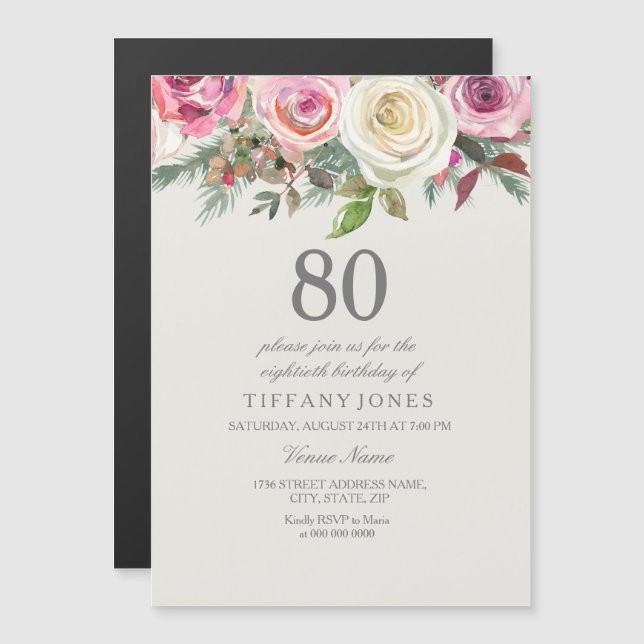Invitation Magnétique Elégant Blush & White Roses 80e fête d'anniversair (Devant / Derrière)