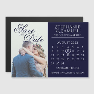Invitation Magnétique Élégant calendrier de mariage Navy Photo Save the