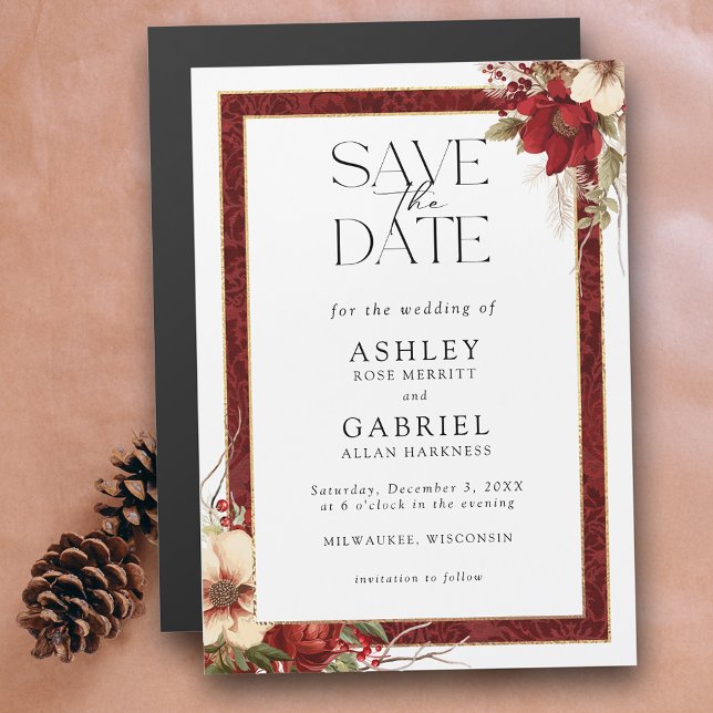 Invitation Magnétique Elegant Christmas Red Damask Floral Save the Date (Créateur téléchargé)