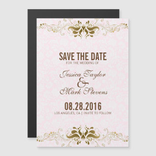 Invitation Magnétique Élégant dentelle or blanc Damas