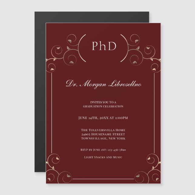 Invitation Magnétique Élégant doctorat Gold Burgundy Graduation (Devant / Derrière)