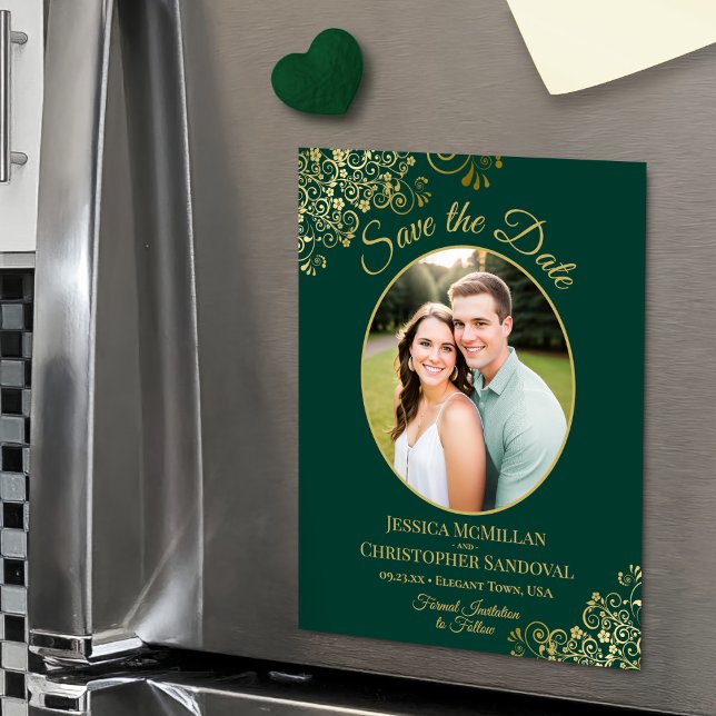 Invitation Magnétique Elegant Emerald & Gold Wedding Save the Date Photo (Magnetic Back for Easy Display!)