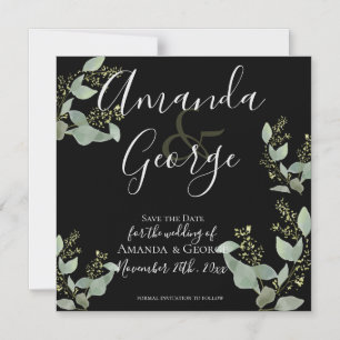 Invitation Magnétique Élégant Feuille Noir Eucalyptus Enregistrer La Dat
