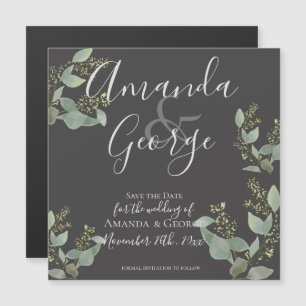 Invitation Magnétique Élégant Feuille Noir Eucalyptus Enregistrer La Dat