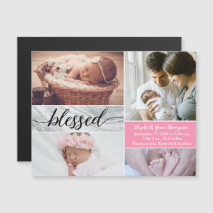 Invitation Magnétique Élégant Marbre rose Blessé Script Baby Girl Photo