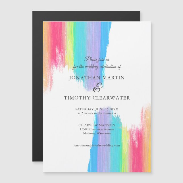 Invitation Magnétique Elégant Mariage Aquarelle arc-en-ciel LGBTQ (Devant / Derrière)