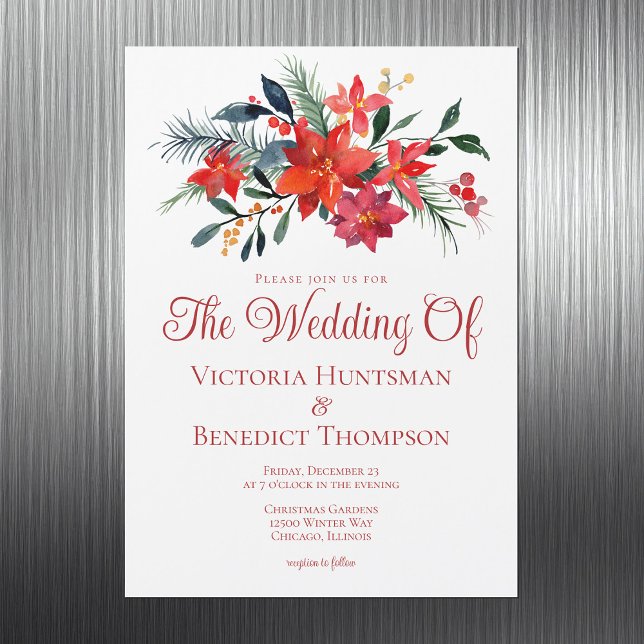 Invitation Magnétique Élégant Mariage de Noël Rouge Poinsettia Floral (Créateur téléchargé)