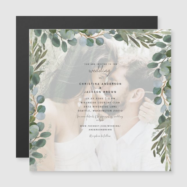 Invitation Magnétique Élégant Mariage photo Eucalyptus Foliage (Devant / Derrière)