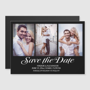Invitation Magnétique Élégant Moderne Noir 3 Photo Mariage Enregistrez L