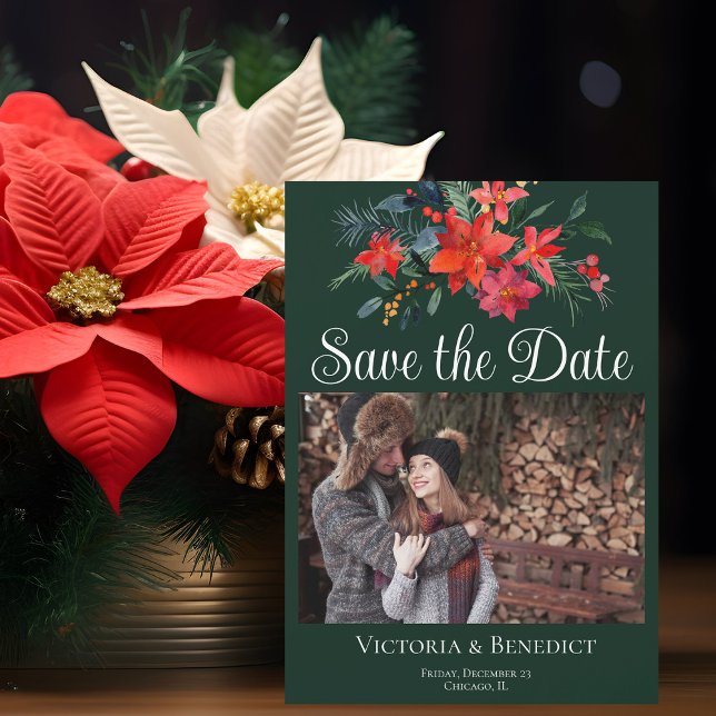 Invitation Magnétique Élégant Noël Poinsettia Photo Enregistrer la date (Créateur téléchargé)