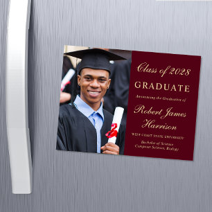 Invitation Magnétique Élégant Photo Burgundy Gold College Graduation