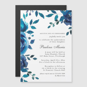 Invitation Magnétique Elégant Royal bleu et blanc Floral Quinceañera