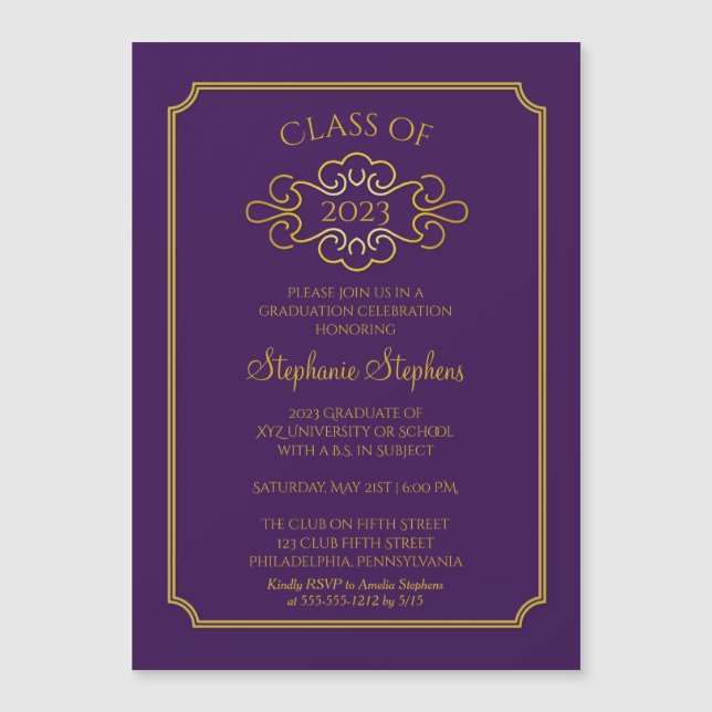 Invitation Magnétique Élégant violet | Gold College Graduation Party Inv (Devant)