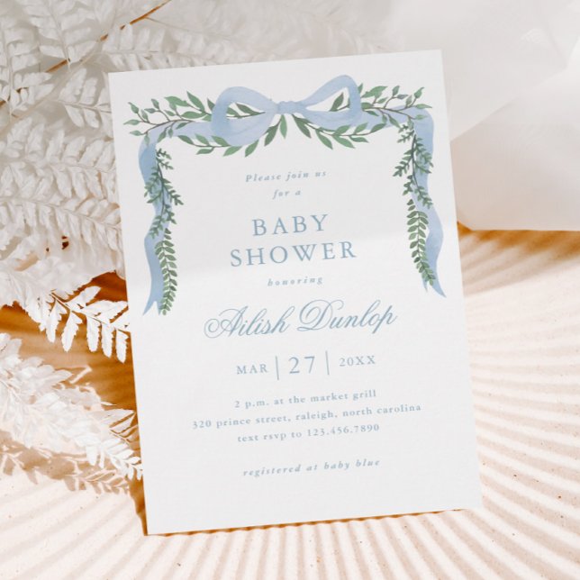 Invitation Magnétique Elégante Bow Bleue avec Baby shower Garçon Vert (Elegant Blue Bow Greenery Boy Baby Shower Magnetic Invitation.)