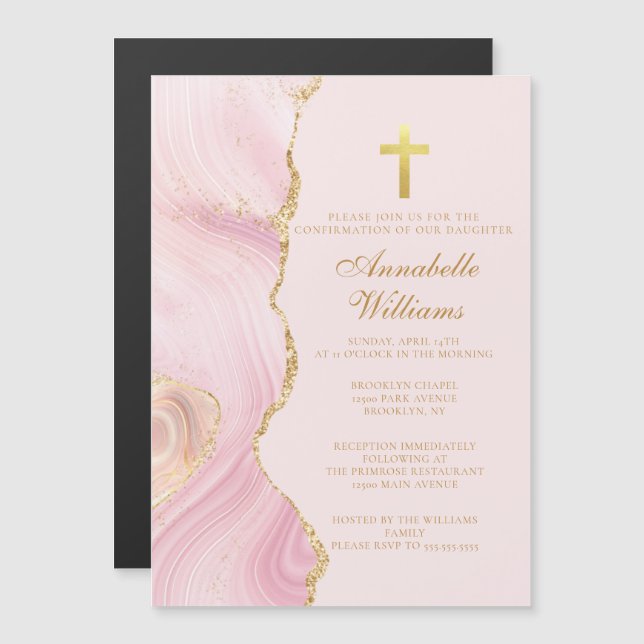 Invitation Magnétique Élégante Confirmation Cross Pink Gold Agate Party (Devant / Derrière)