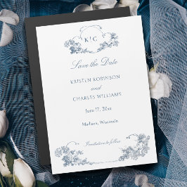 Invitation Magnétique Elégante Dusty Blue Floral Français Enregistrer la