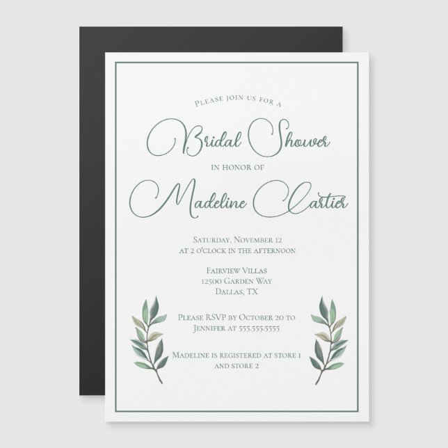 Invitation Magnétique Elégante Feuille Eucalyptus Vert Fête des mariées  (Devant / Derrière)