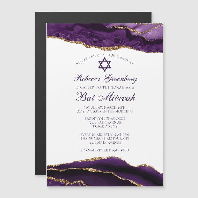 Invitation Magnétique Élégante partie Bat mitzvah de glam or violet (Devant / Derrière)