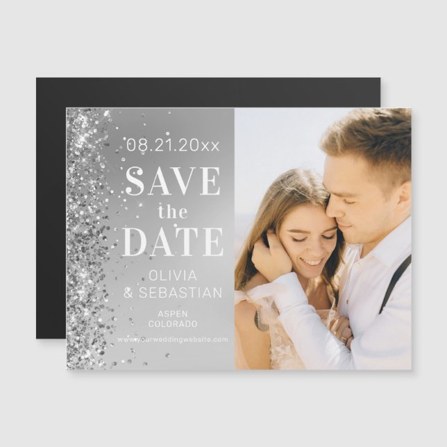 Invitation Magnétique Elégante Parties scintillant Argent Photo Mariage  (Devant / Derrière)