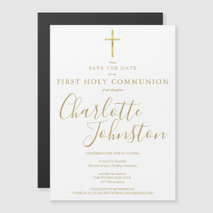 Invitation Magnétique Élégante Première Sainte Communion Signature or En
