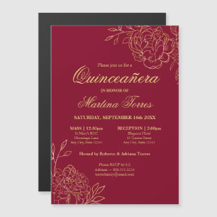 Invitation Magnétique Élégantes Fleurs d'or Bourgogne Floral Quinceanera