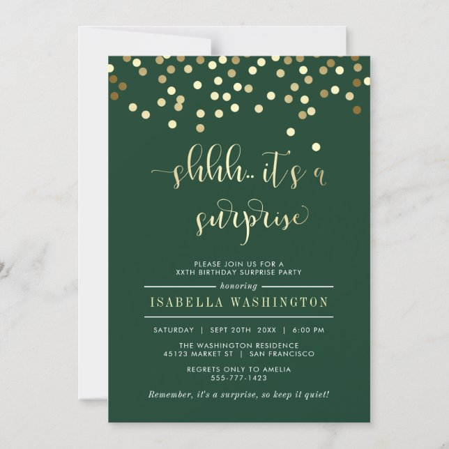 Invitation Magnétique Emerald & Gold Confetti Surprise fête d'anniversai (Recto)
